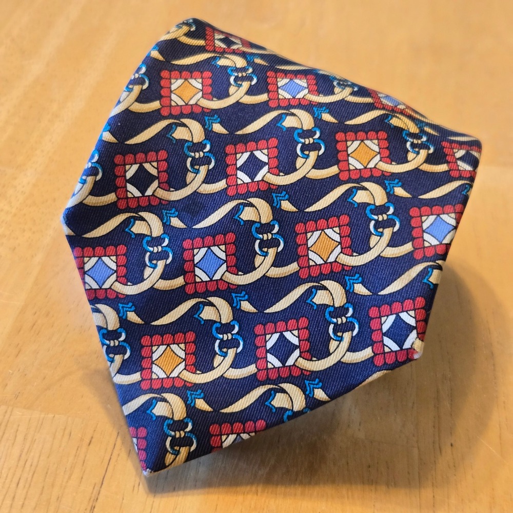 Gieves & Hawkes London Necktie Mens Silk Tie 3.75" Navy Blue Red Ribbons Italy